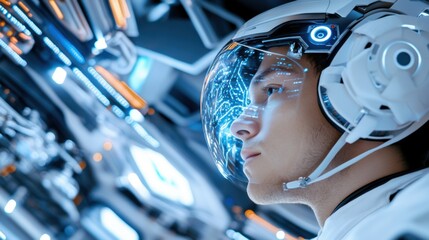 Fototapeta premium A highly skilled IT professional monitoring servers in a futuristic data center, glowing LED lights reflecting on high-tech equipment, cyber security concept, digital future