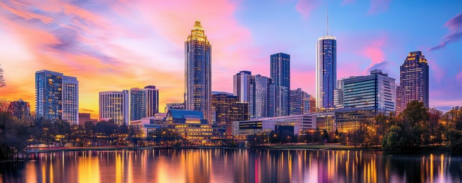 Vibrant atlanta skyline at sunset with reflective water and colorful sky