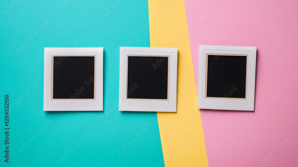 Poster white photo frames hanging against multicolored wall backdrop, creating visual contrast with blank s