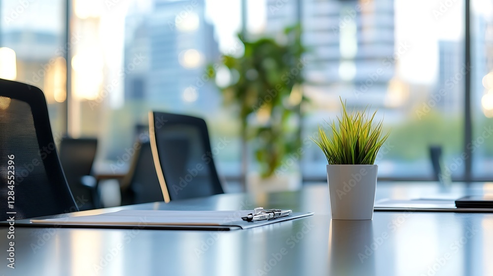 Poster elegant modern office workspace with green plant and relaxing ambiance by the window : generative ai