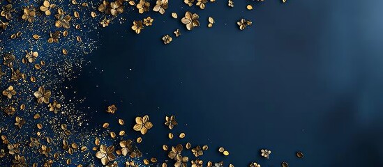 Elegant abstract golden elements and shimmering glitter scattered on a rich deep blue background, creating a luxurious and sophisticated design template for festive celebrations and special occasions