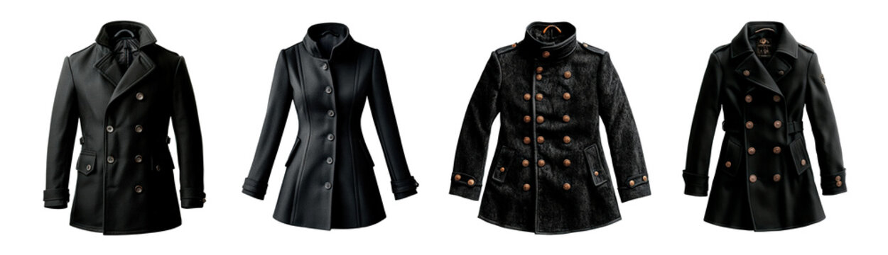 Set of classic black wool coat isolated on transparent background
