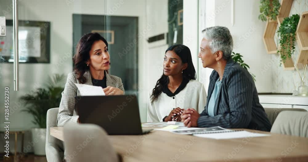 Poster business women, paperwork and team discussion in meeting, idea and problem solving in office. group,