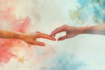 Fototapeta premium Surreal artwork of hands touching, blending into soft pastel watercolor hues