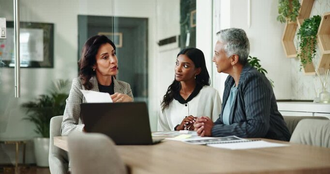 Business women, paperwork and team discussion in meeting, idea and problem solving in office. Group, collaboration and planning with document for project management, insight and development budget