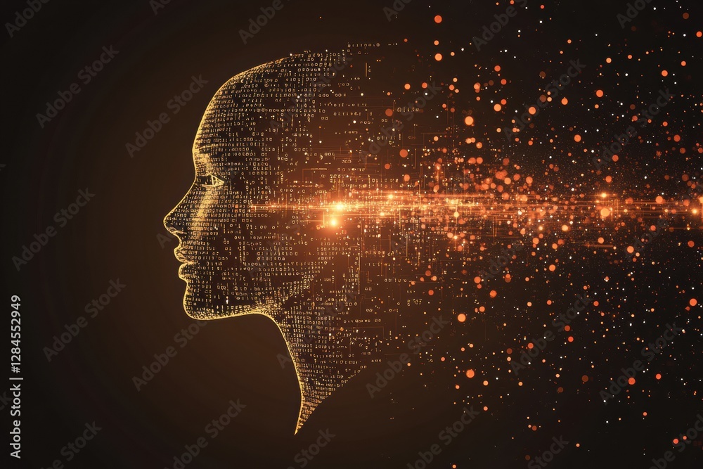 Poster a human face fades into a cascade of binary code and shimmering data, illustrating the integration o
