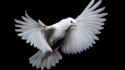 White dove in flight against black background; stock photo