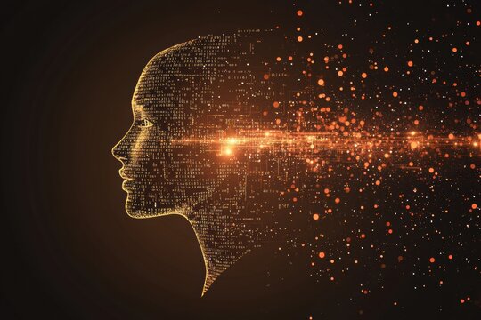 A human face fades into a cascade of binary code and shimmering data, illustrating the integration of technology and human identity in a digital era