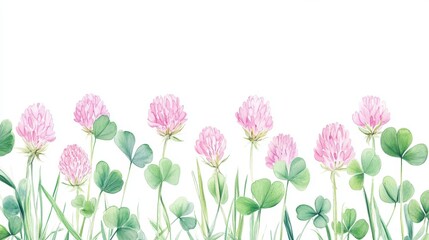 Delicate clover blossoms painted in soft pink and green hues reveal nature's beauty through an artistic watercolor illustration