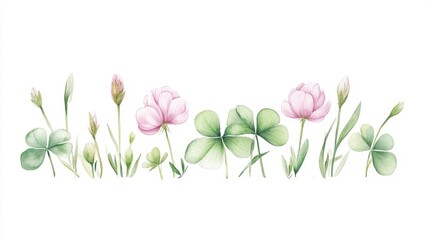 Delicate blossoms of clover in soft pink and lush green capture nature’s beauty through watercolor artistry