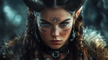 Fierce warrior girl with horns and tribal markings stands ready for battle in a mystical forest setting