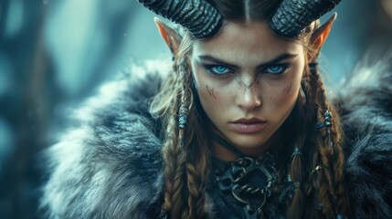 Warrior elf with striking blue eyes and horns prepares for battle in a mystical forest