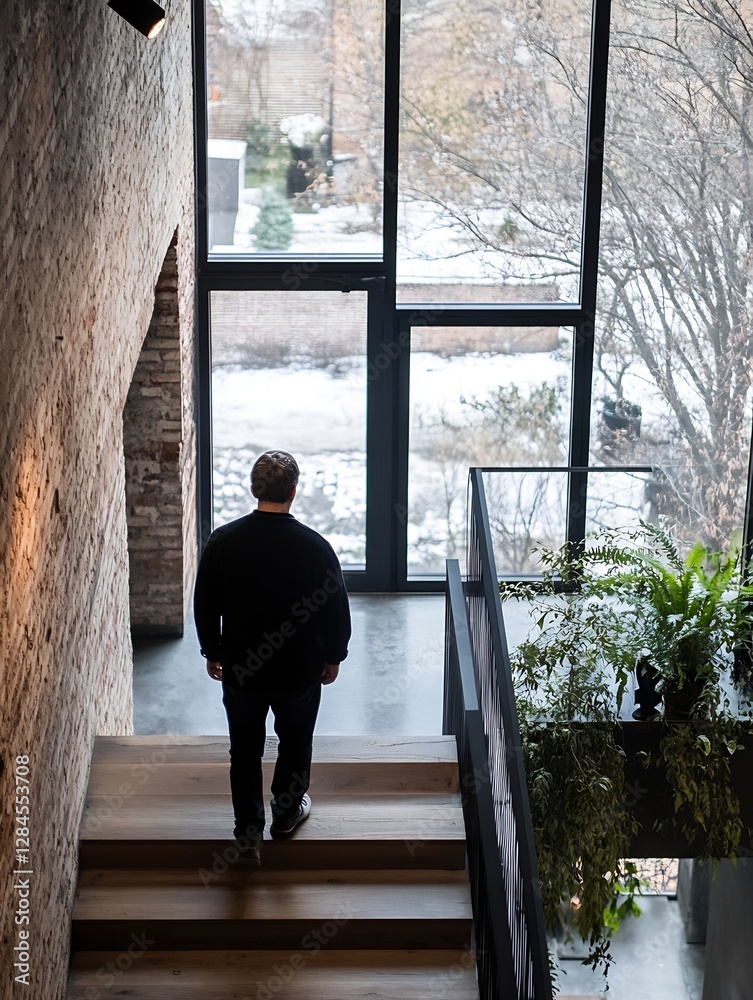 Poster Contemplative figure standing in a modern stairway with a view of nature through a large window : Generative AI