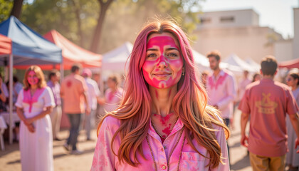 Joyful celebration during Holi festival with vibrant colors, cultural unity