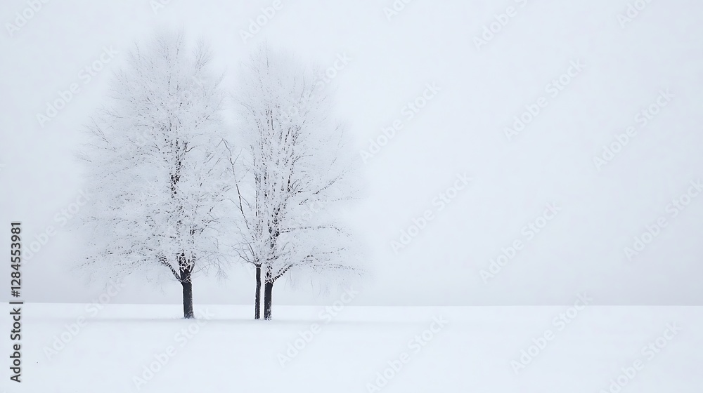 Poster Two bare trees standing in a vast snowy landscape under a soft gray sky : Generative AI