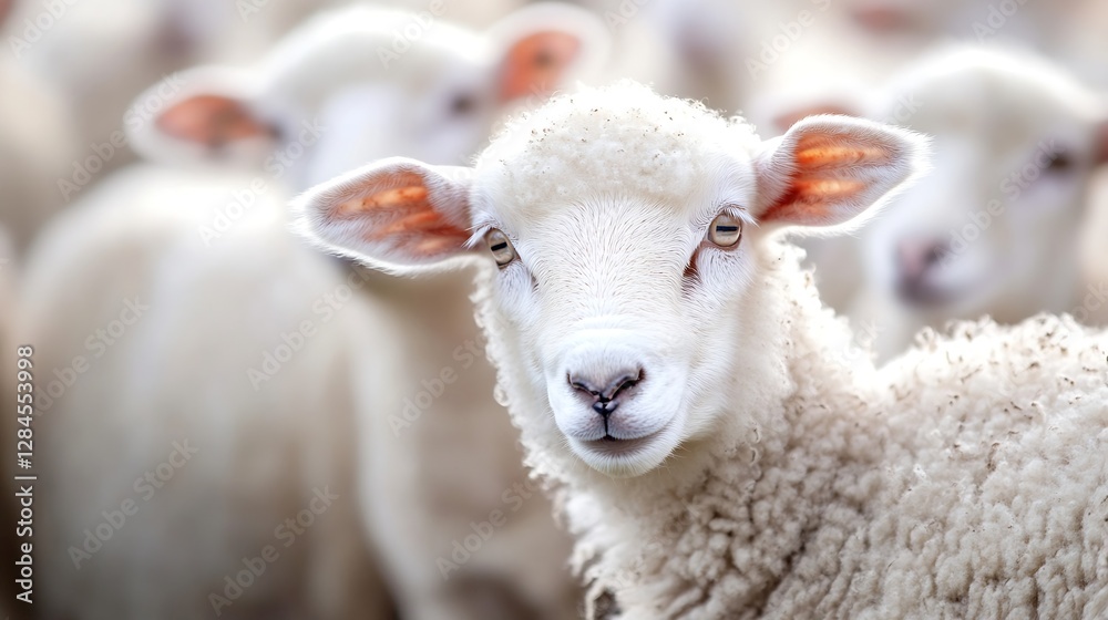 Poster Adorable sheep with a curious expression stands out among a flock in a pasture setting : Generative AI