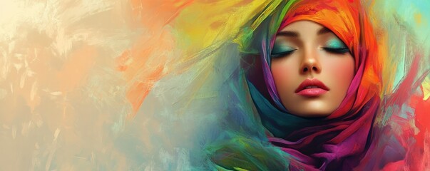 Fototapeta premium Colorful portrait of a young woman with vibrant headscarf and closed eyes in artistic style
