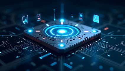 Fototapeta premium Futuristic Central Processing Unit Glowing on Circuit Board Background for Cyber Security, Data Science & Artificial Intelligence Research (JPG)