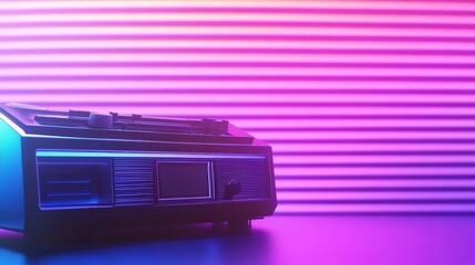 Retro turntable with vibrant neon light in the background, creating a nostalgic atmosphere