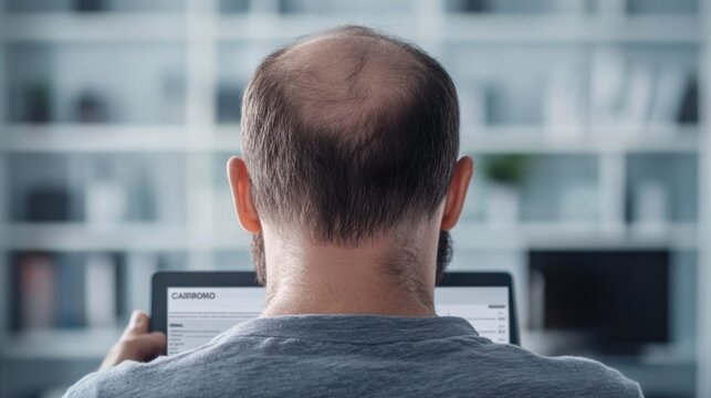 A man with thinning hair researching hair loss solutions on a tablet in his modern office. Featuring knowledge and self-care