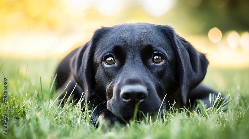 Poster adorable black labrador retriever lying on green grass with a curious expression in the sunlight : g