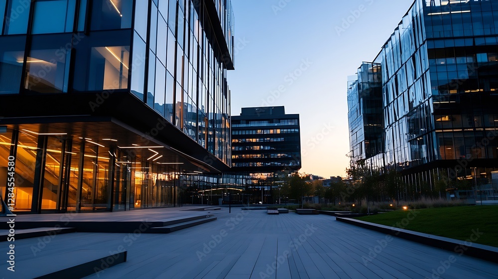 Poster modern architectural buildings reflecting evening light showcasing urban development and design : ge
