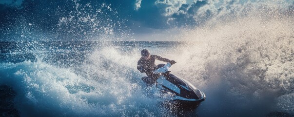 Man riding jet ski in ocean, splashing water and waves on a sunny day