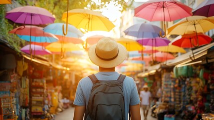 Fototapeta premium Tourist walks through colorful umbrella market at sunset