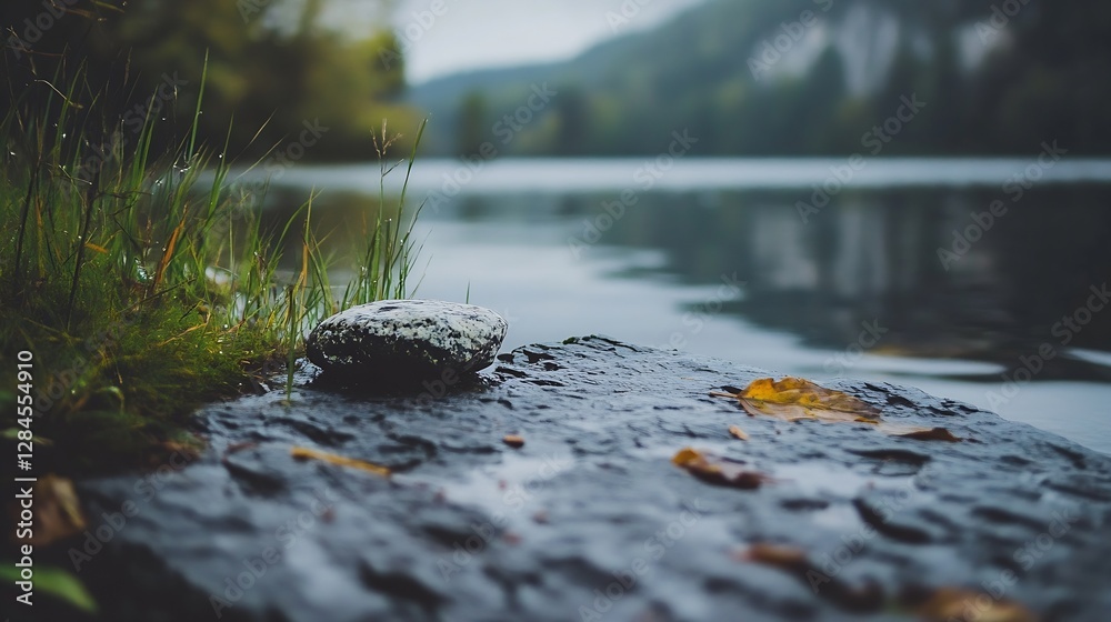 Poster serene lakeside view featuring a rock surrounded by grass and water under a cloudy sky : generative 