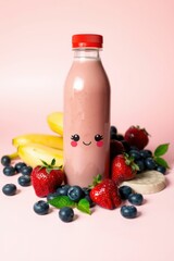 Berry nice smoothie presentation with cute face on bottle, includes bananas, strawberries, and blueberries.
