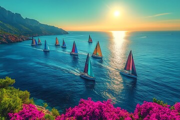 Obraz premium Colorful Sailboats Race at Sunset Coastline