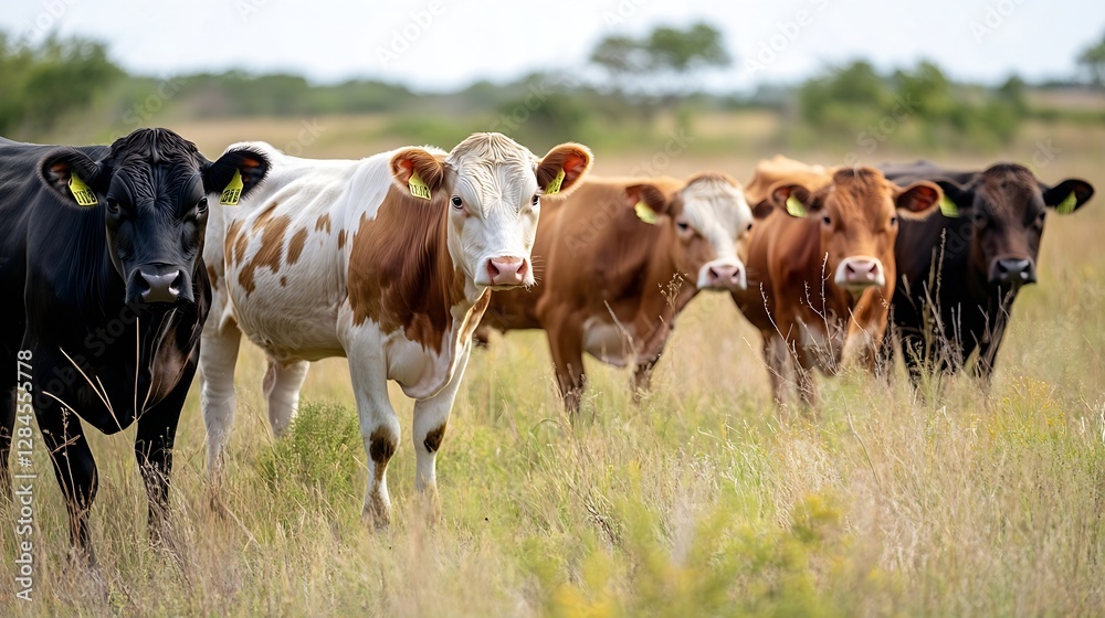 Poster curious cows standing together in green pasture looking at camera in bright farm setting : generativ