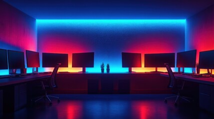 Modern Office Space with Neon Lighting and Multiple Computer Screens
