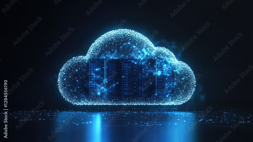 Aufkleber A glowing digital cloud with embedded server racks, symbolizing cloud computing, data storage, and cybersecurity. Ideal for technology, artificial intelligence, and cloud infrastructure concepts