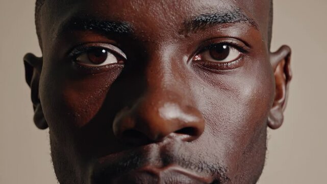 Close-up of young African man with smooth dark skin and calm expression, concept of strength and dignity.