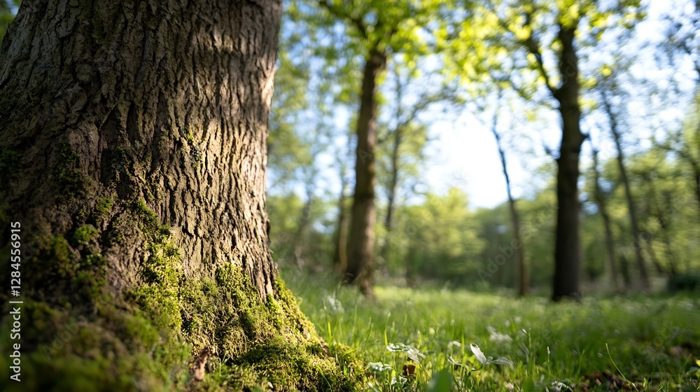 Aufkleber Serene forest scene showcasing the intricate texture of tree bark with moss in the foreground : Generative AI