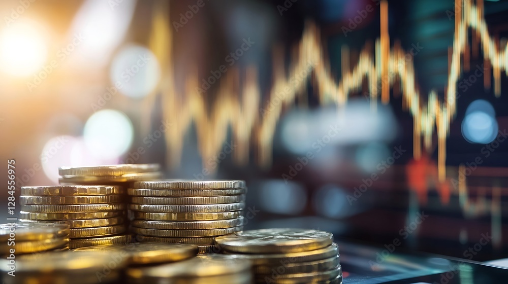 Poster intriguing closeup of a stack of coins reflecting fluctuating market trends with creative lighting a