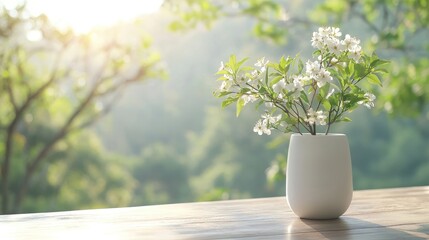 Spring blossoms in white vase, sunny garden