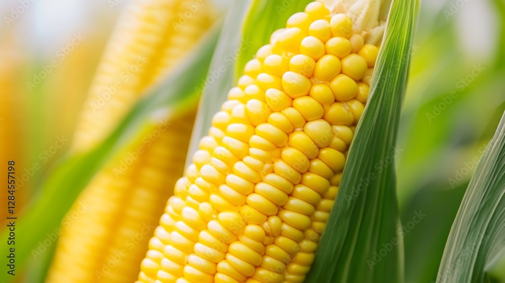 Poster closeup of fresh ripe corn on the cob showcasing bright yellow kernels and green husk : generative a