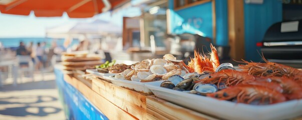 Fresh seafood display at beachfront market: clams, shrimp, oysters under sunny skies