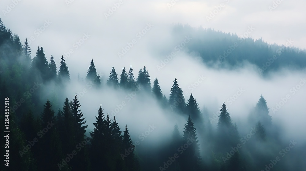 Poster Mysterious misty forest landscape with tall evergreen trees shrouded in fog and soft light from above : Generative AI