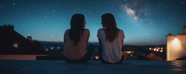 Two young caucasian females sitting on rooftop under starry night sky