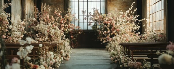 Elegant indoor wedding venue with abundant floral arrangements and natural lighting