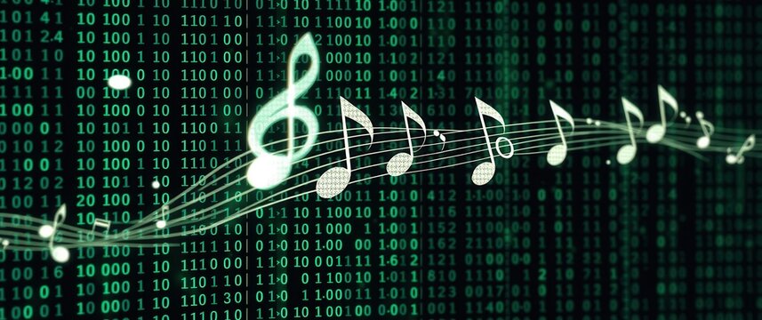 Musical notes stream across a digital matrix of green binary code, harmonizing technology and art.