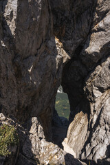 Amazing view through rock window deep in Triglav National Park, Slovenia.
