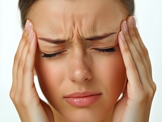 Young Woman Holding Head with Both Hands, Demonstrating Headache, Against a Light Background (Emotions, Stress, Headache)
