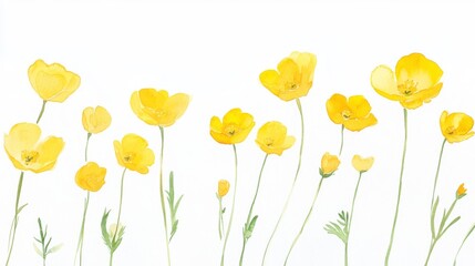 Fototapeta premium Bright yellow buttercups sway gently in a cheerful watercolor botanical illustration celebrating nature's beauty