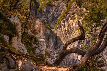 The incredible waterfall Boka in the wild nature and beauty of the famous Triglav National Park in Slovenia.