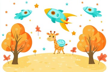 Adorable Giraffe in a Space-Themed Autumn Landscape with Rockets and Stars - Cute Cartoon