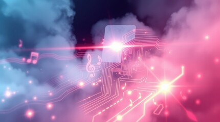 Digital music concept art featuring circuitry with music notes floating amongst nebulous cloud formations